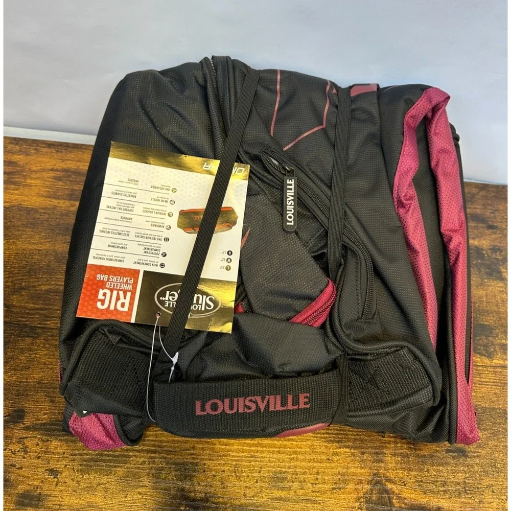 NEW Louisville Slugger Omaha Rig Wheeled Bag Black Scarlet Red Baseball 35x12x12
